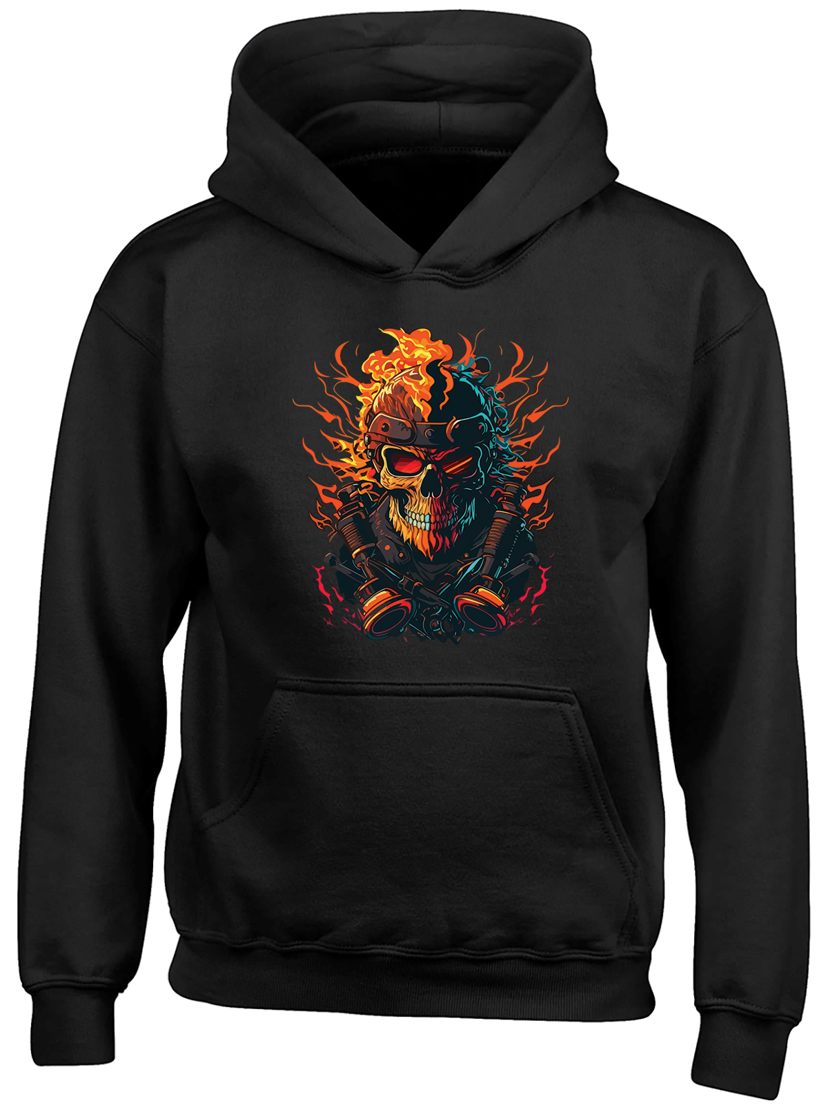 Biker Skull Kids Hoodie Rock Flames Fire Skeleton Boys Girls Goth Top
