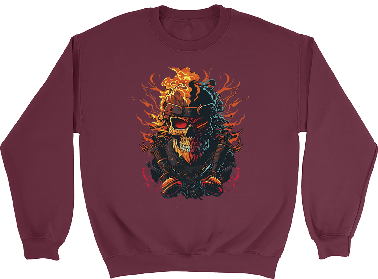 Biker Skull Sweatshirt Mens Womens Rock Flames Fire Skeleton Goth Jumper