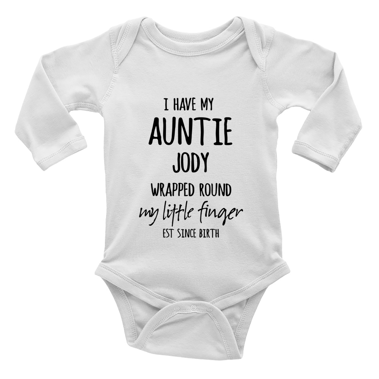 Personalised My Auntie Wrapped Around My Finger Long Sleeve Baby Vest Bodysuit
