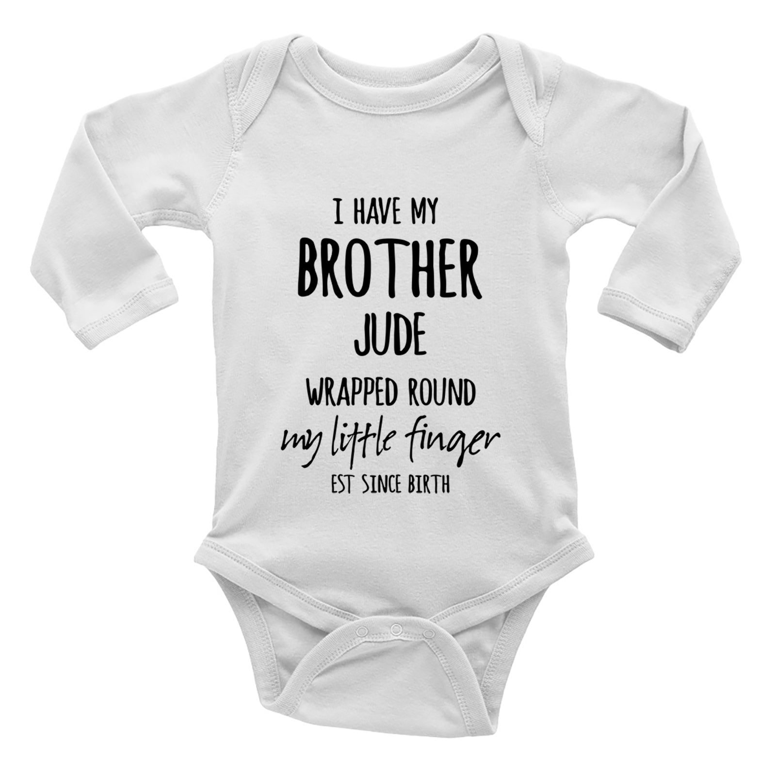 Personalised My Brother Wrapped Around My Finger Long Sleeve Baby Vest Bodysuit