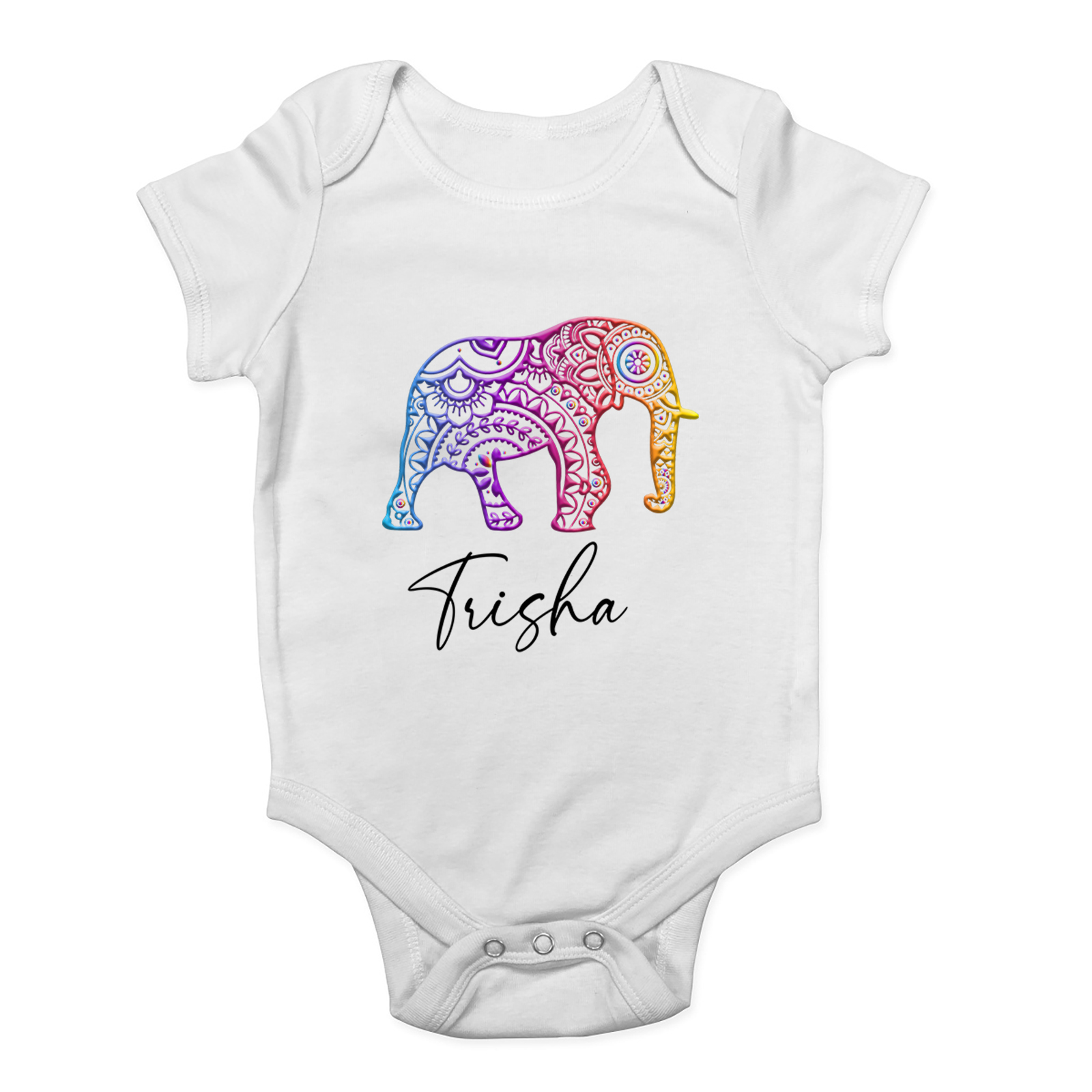 Personalised Mandala Pattern Elephant Baby Grow Vest Bodysuit Boys Girls
