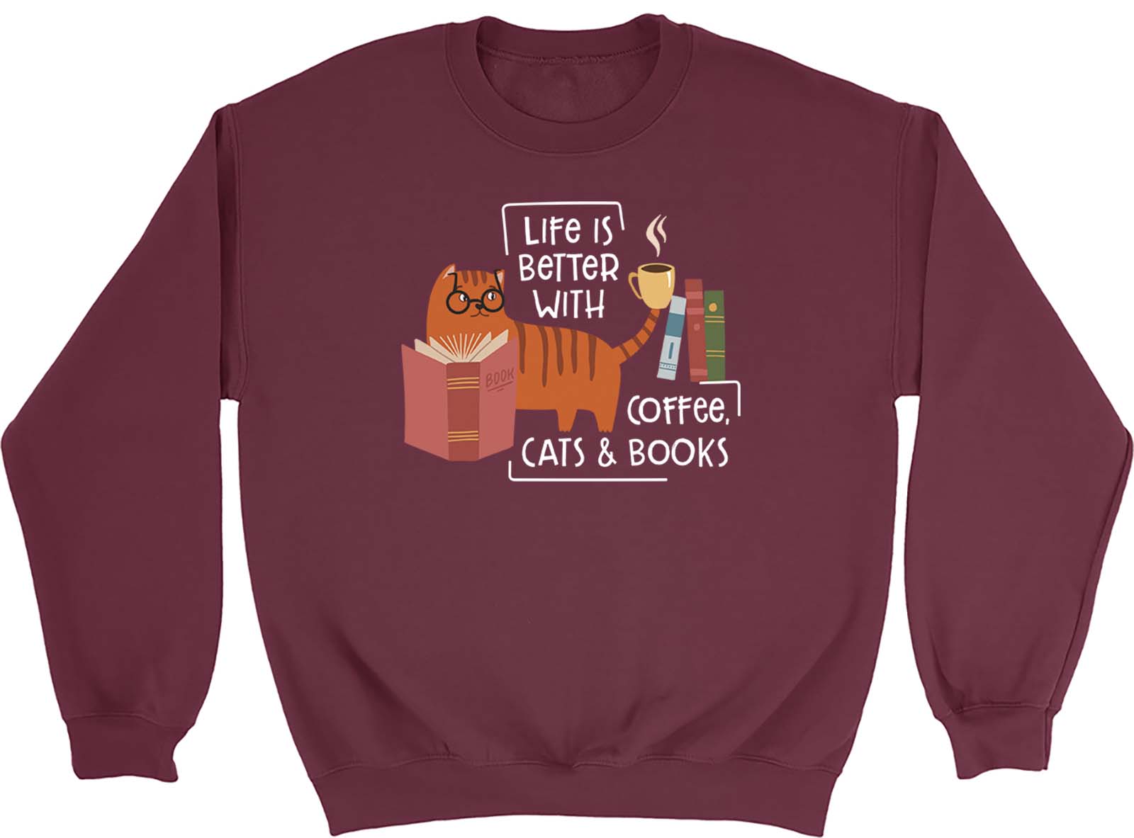 Coffee Cats Books Sweatshirt Mens Womens Funny Life is Better Gift Jumper