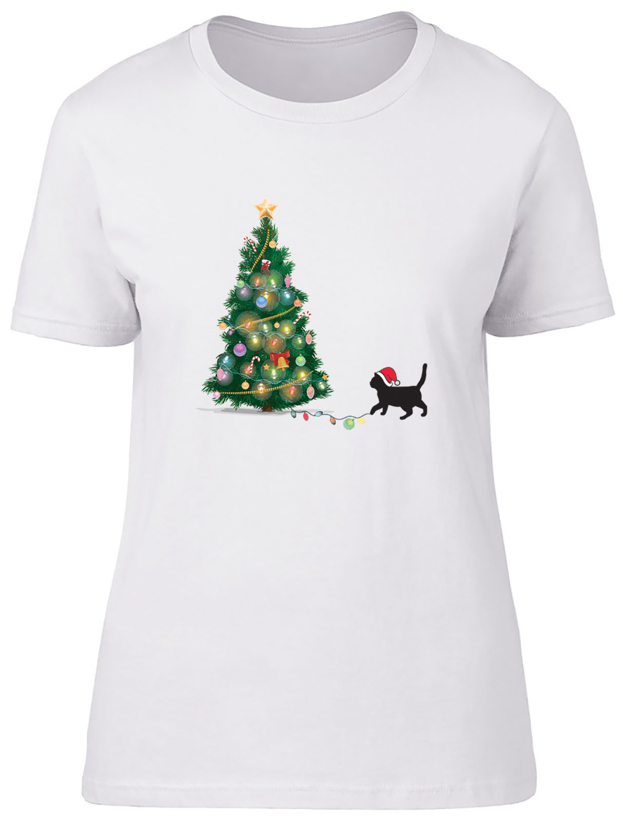 Camiseta ajustada árbol de Navidad con gato para mujer y mujer
