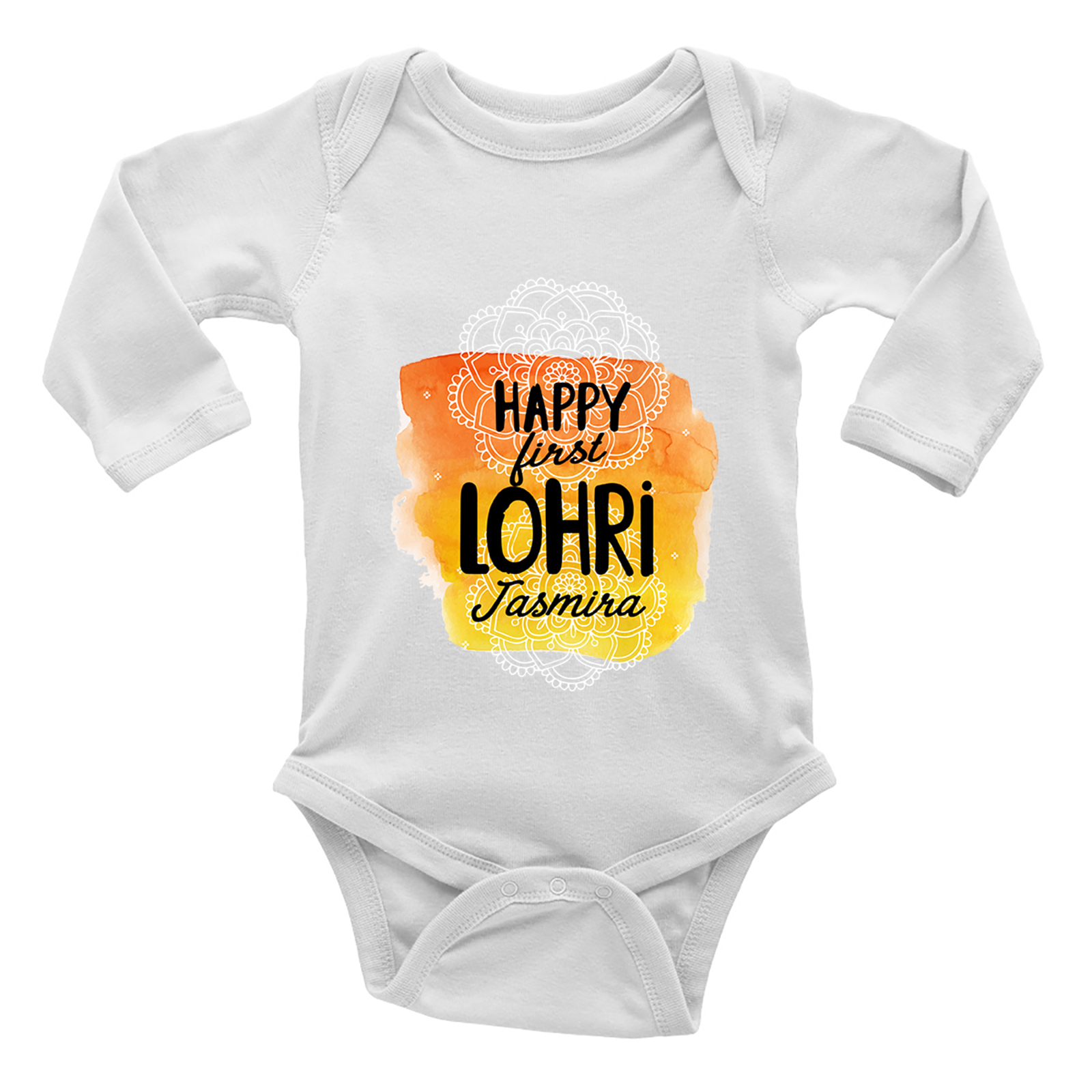 Personalised Happy First Lohri Long Sleeve Baby Grow Vest Bodysuit